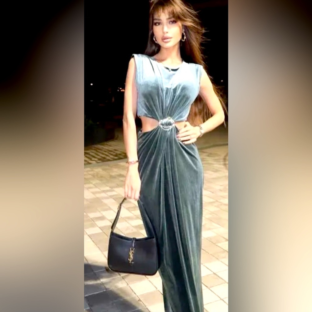 NWOT Zara Velvet teal/green Cut out buckle dress XS